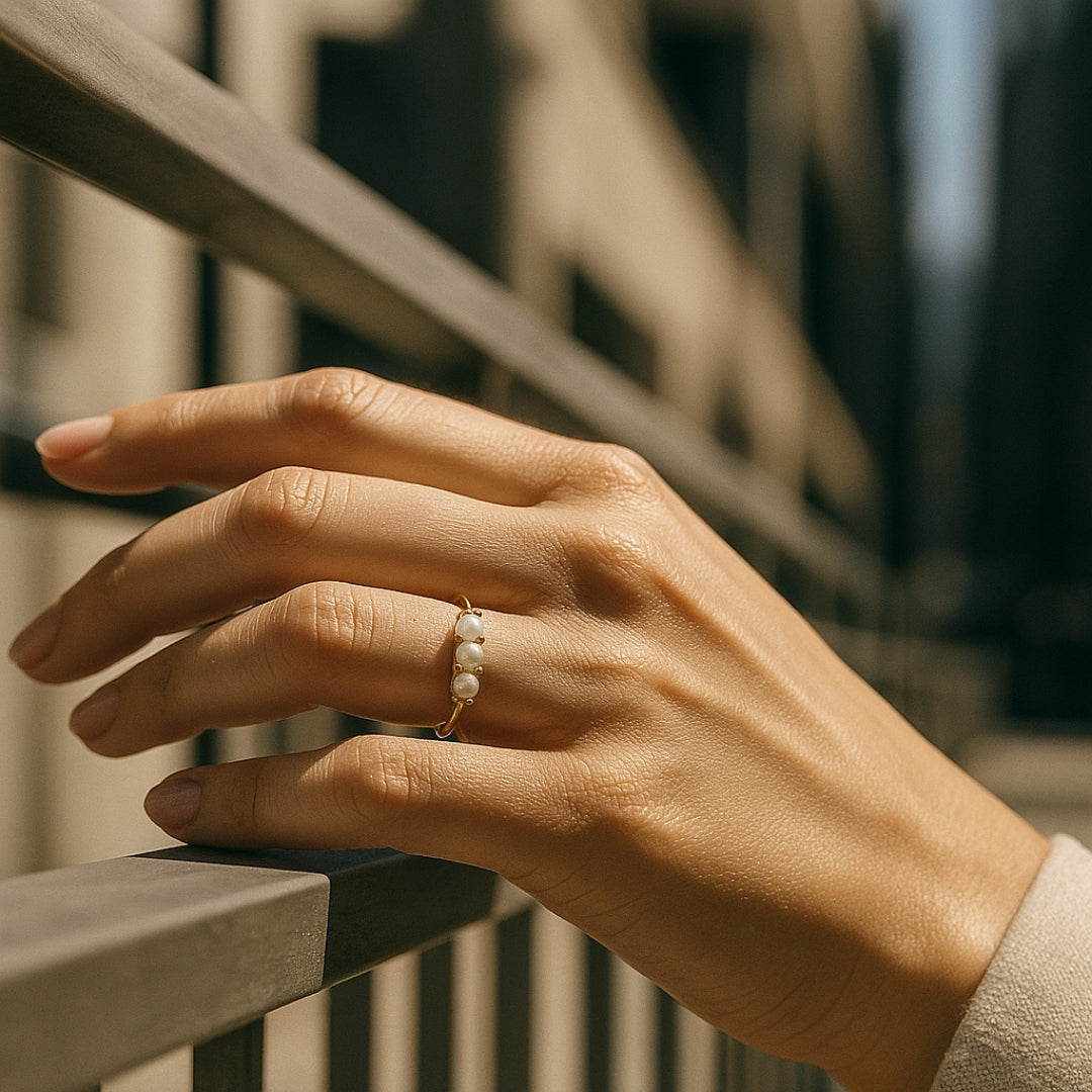 Triple Pearl Trail Gold Ring
