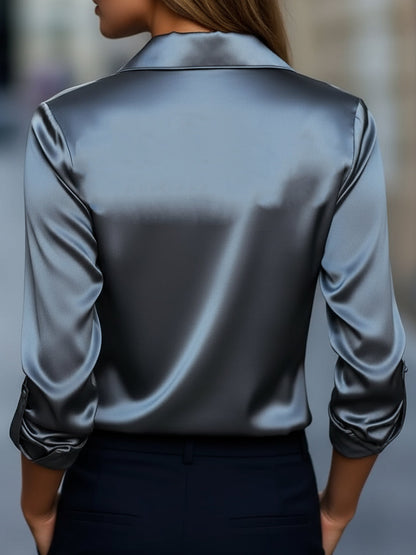 Silver Satin Blouse with Plunging V-Neck