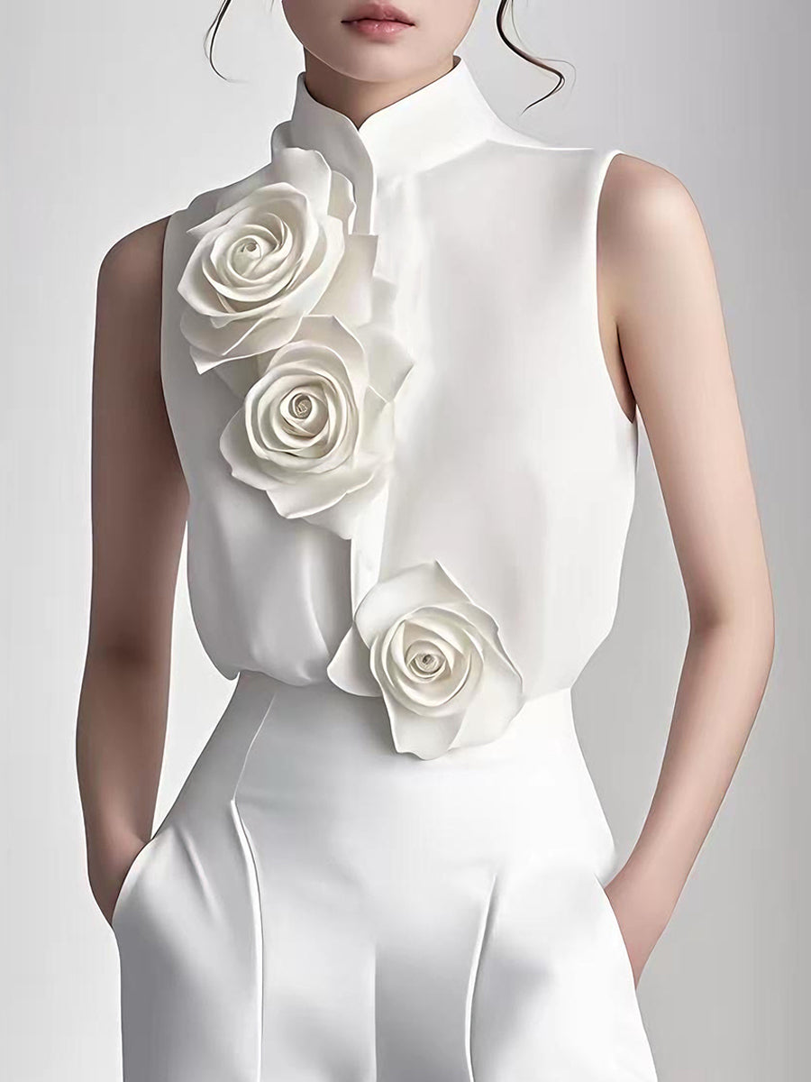 Modern Sleeveless White Blouse with 3D Rose Accents