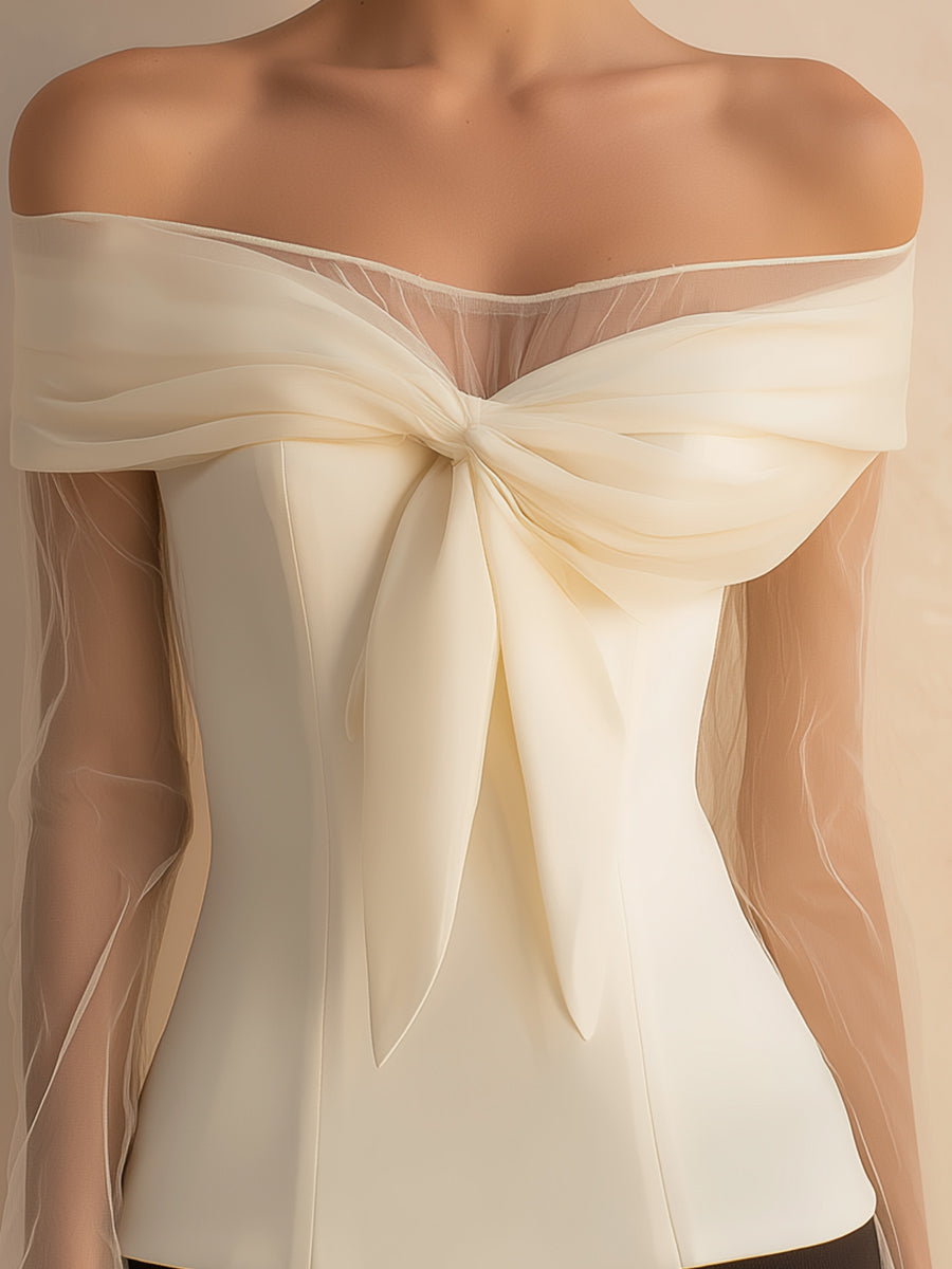 Off-Shoulder Bow Detail Top With Sheer Sleeves