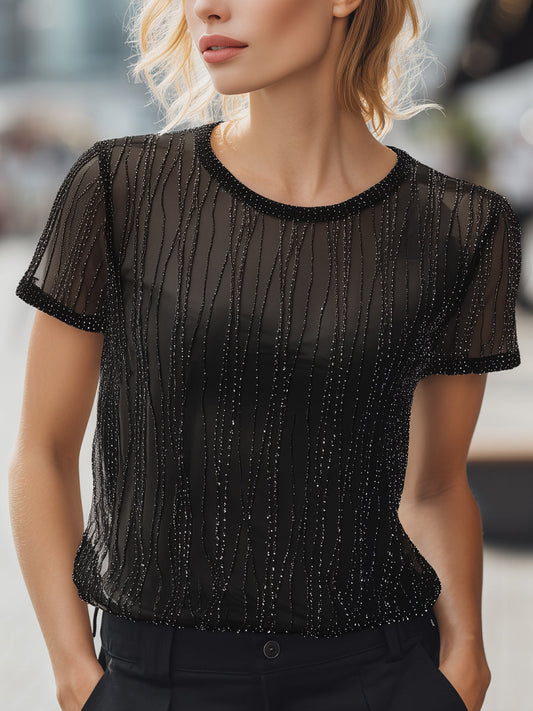 Black Sheer Mesh Short Sleeve Top With Vertical Rhinestone Detail