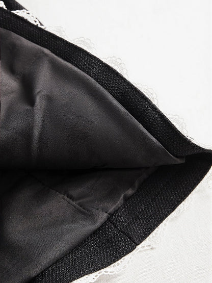 Elegant Pearl Button Blazer With Contrast Lace Trim