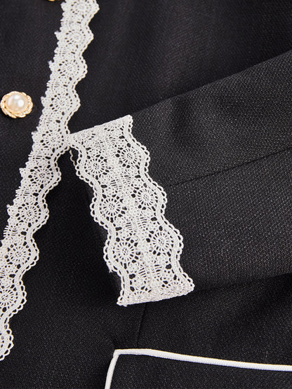 Elegant Pearl Button Blazer With Contrast Lace Trim