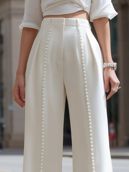 Pearl-Detail High-Waist Wide-Leg Tailored Trousers