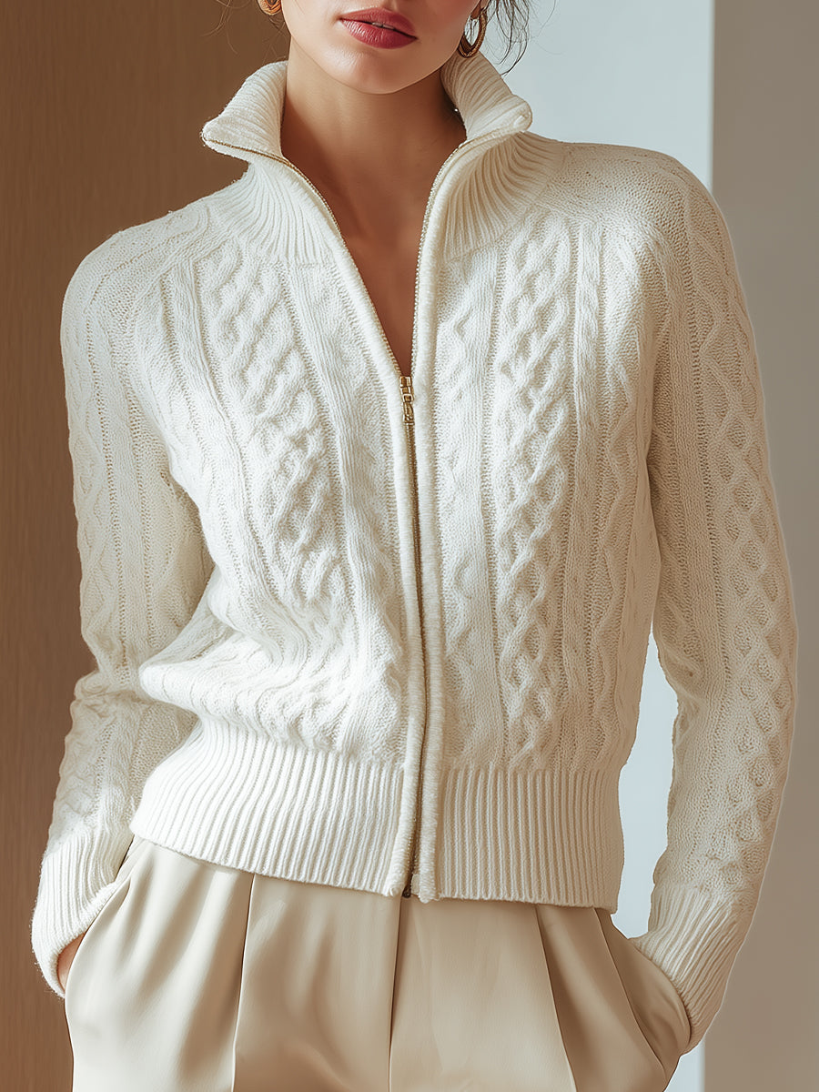 White Cable-Knit Zip Cardigan