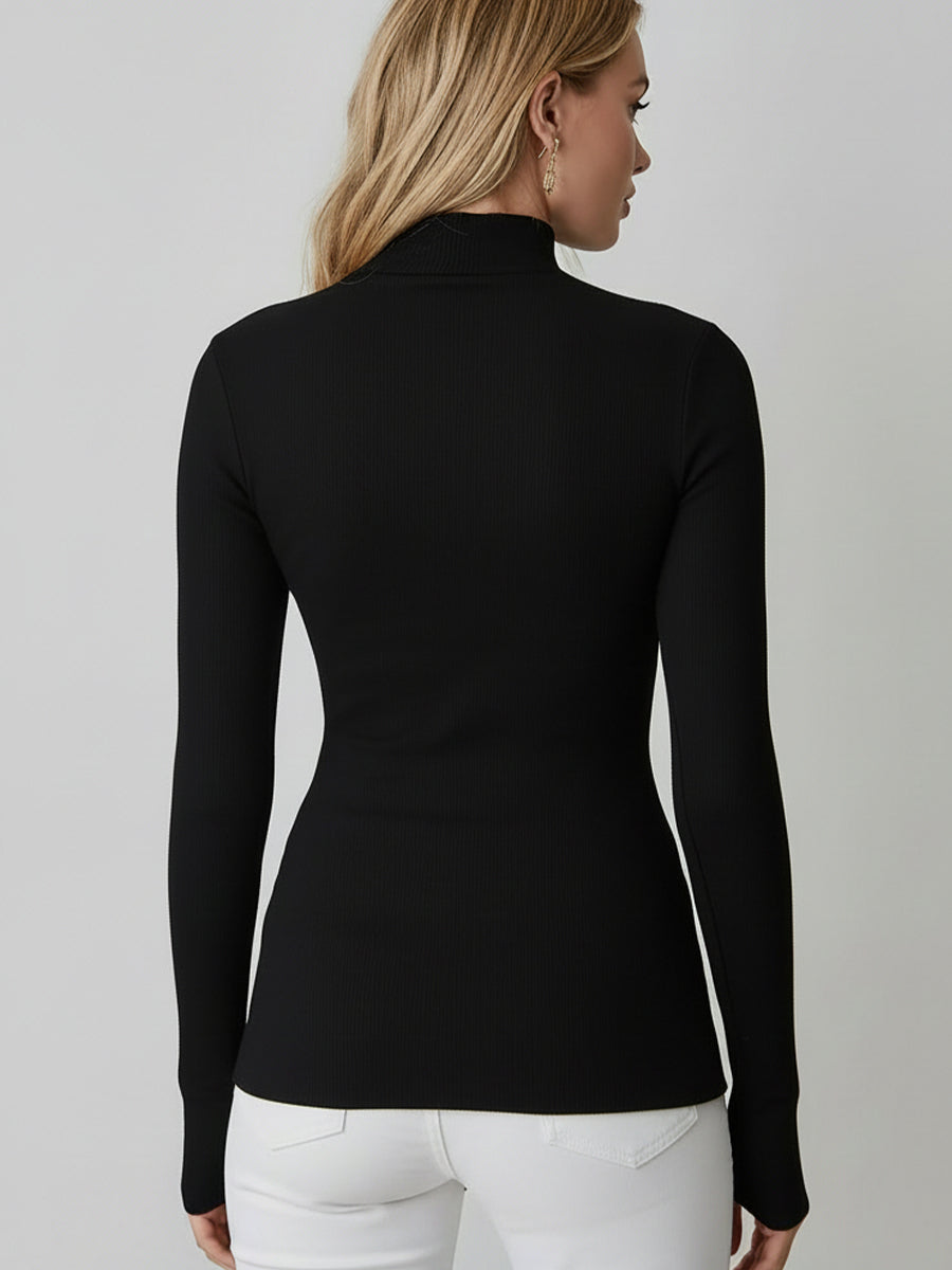Black Rib-Knit Turtleneck Top - Edgy Leather Trim & Gold Button Detail