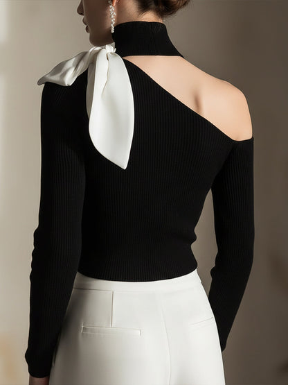 One-Shoulder Knit Top With Contrast Bow Detail