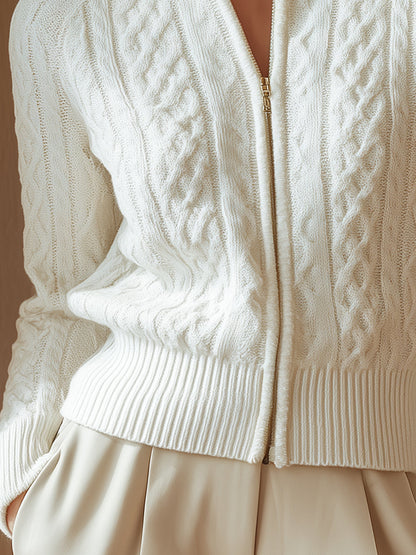White Cable-Knit Zip Cardigan