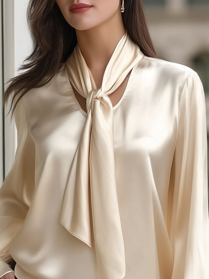 Champagne Satin Tie-Neck Puff-Sleeve Blouse