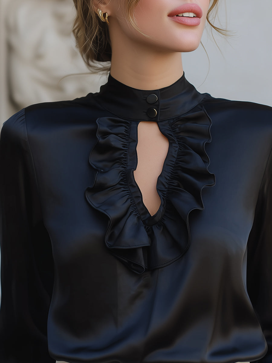 Black Satin Keyhole Ruffle Blouse