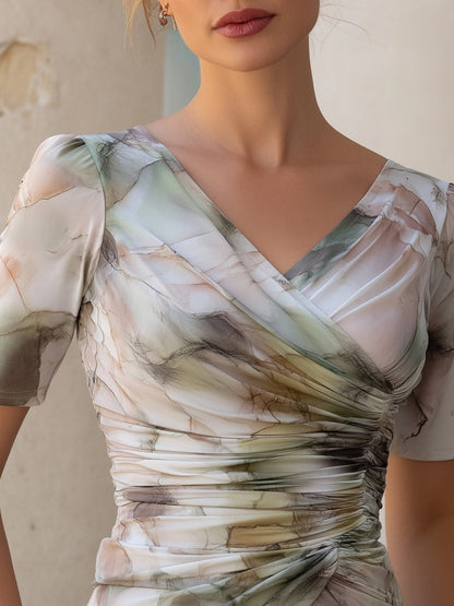 Print Ruched V-Neck Short-Sleeves Fitted Top