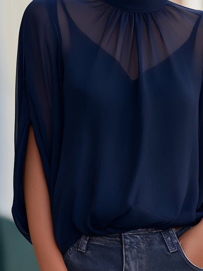 Sheer High-Neck Chiffon Blouse With Soft Pleated Yoke