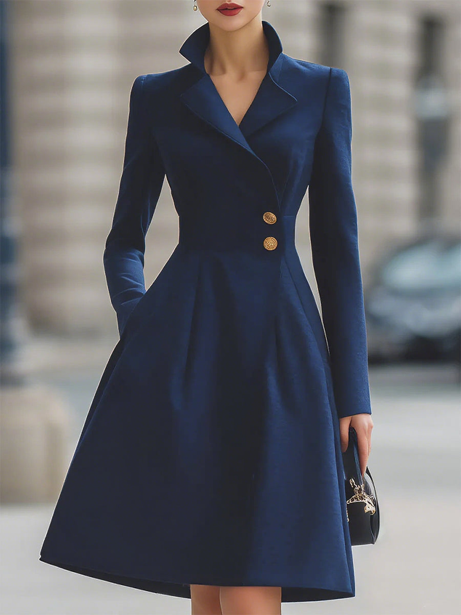 Elegant Navy Blue Tailored Fit Flared Coat Dress
