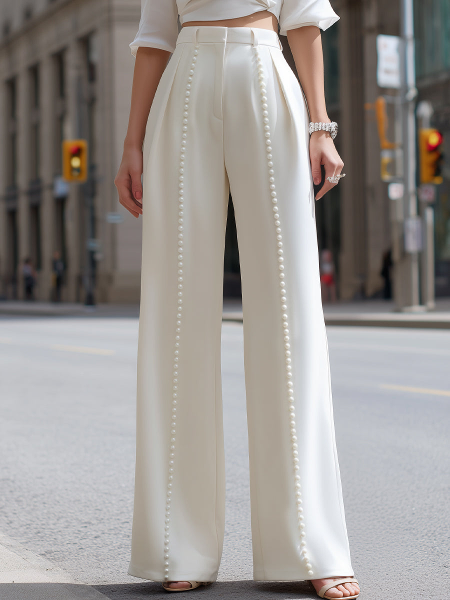 Pearl-Detail High-Waist Wide-Leg Tailored Trousers