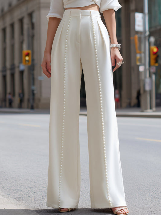 Pearl-Detail High-Waist Wide-Leg Tailored Trousers