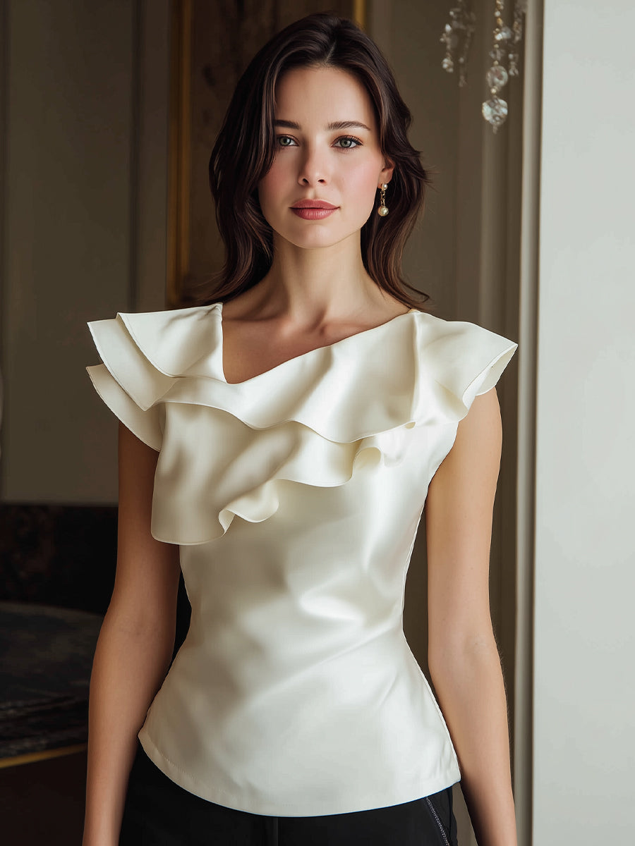 Ivory Ruffled Cap Sleeve Blouse With Sculpted Neckline