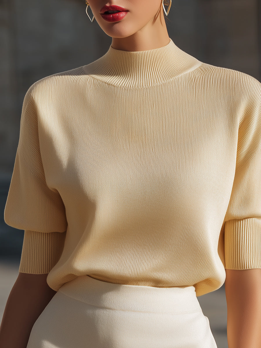 Ribbed Mock-Neck Short-Sleeve Knit Top