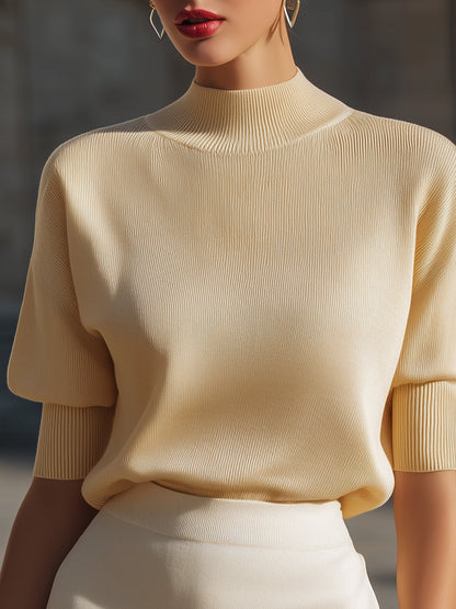 Ribbed Mock-Neck Short-Sleeve Knit Top