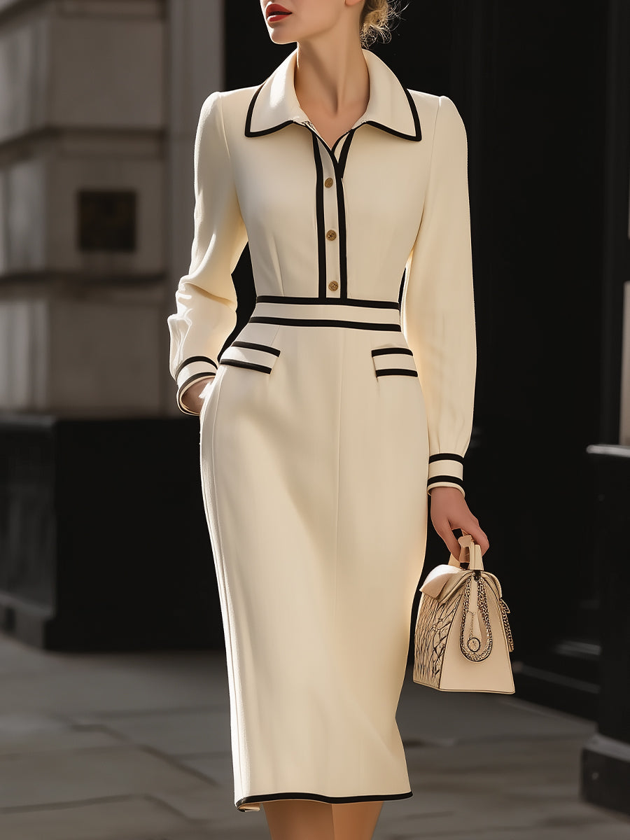 Classic Contrast-Trim Midi Dress With Button Detail