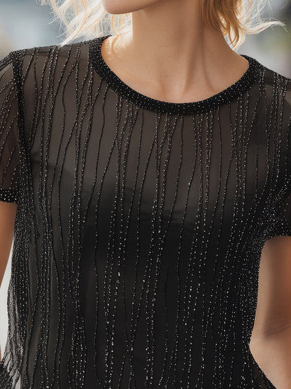 Black Sheer Mesh Short Sleeve Top With Vertical Rhinestone Detail