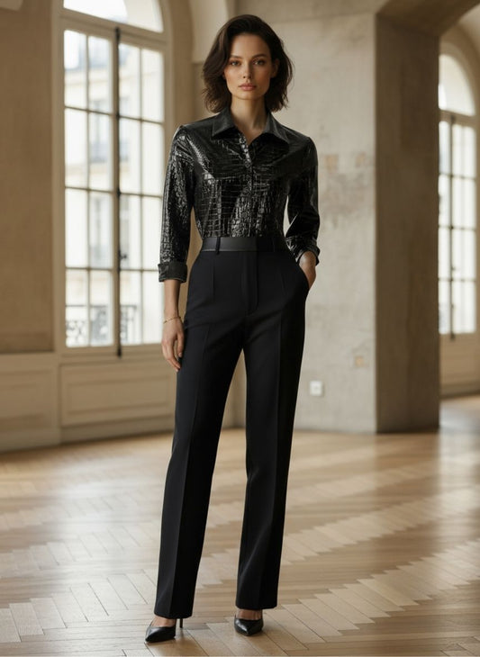 Glossy Black Crocodile Embossed Shirt