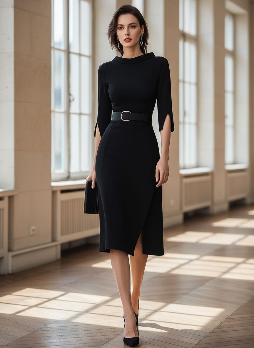 Elegant Belted Black Midi Dress With Split Sleeves