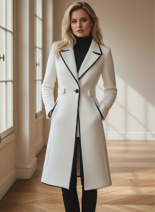 Chic Contrast-Trimmed Long White Coat
