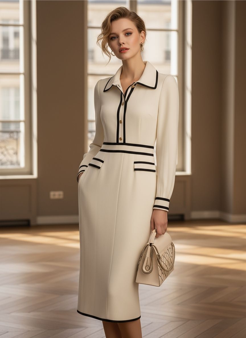 Classic Contrast-Trim Midi Dress With Button Detail
