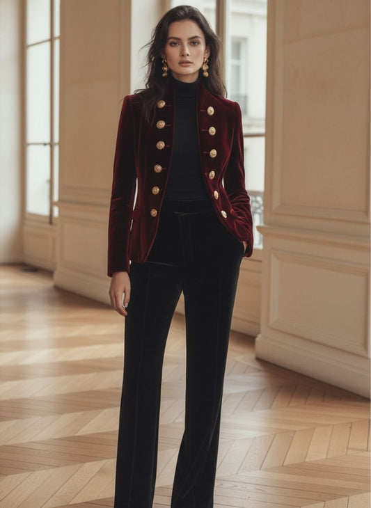 Chic Velvet Jacket with Bold Gold Accents