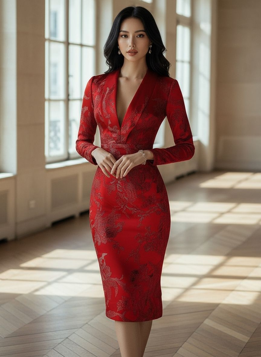 Red Timeless Grace Printed Satin Gown