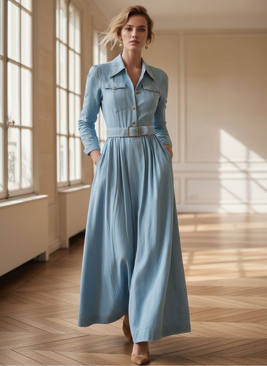 Classic Belted Denim Shirt Dress With Full Skirt