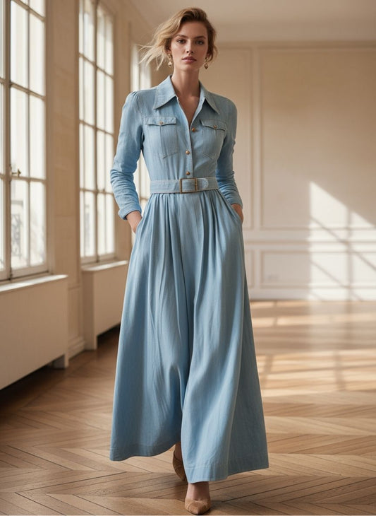 Classic Belted Denim Shirt Dress With Full Skirt