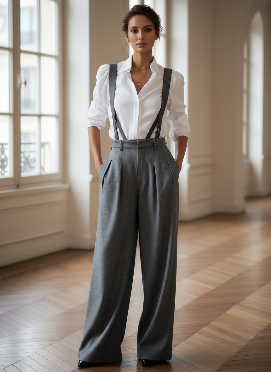 Classic White Shirt & Suspender Wide-Leg Trousers Set