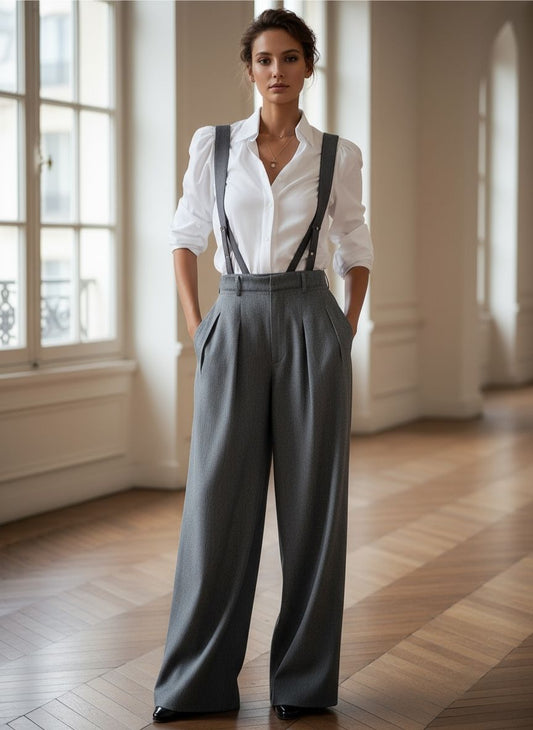 Classic White Shirt & Suspender Wide-Leg Trousers Set
