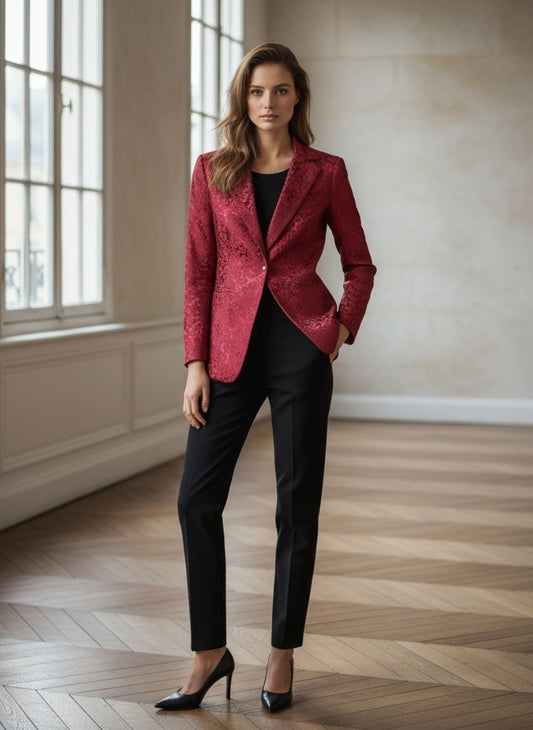 Noble Burgundy Jacquard Satin Blazer