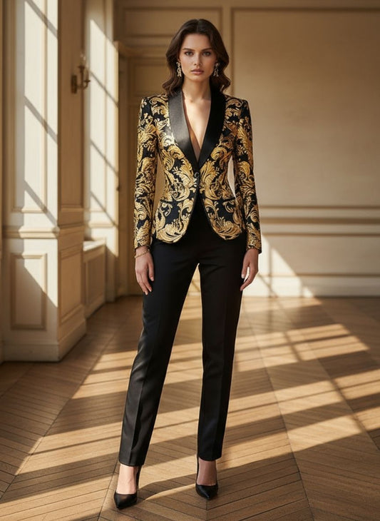 Opulent Black and Gold Blazer with Baroque Floral Printed