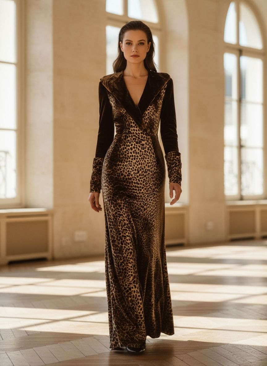 Leopard Velvet Fitted Gown