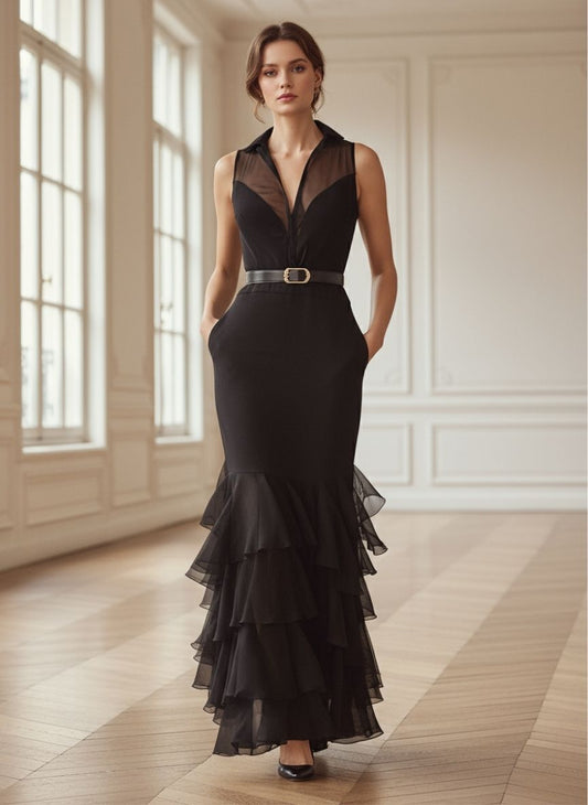 Modern Elegance Sleeveless Black Maxi Dress With Statement Waist Belt