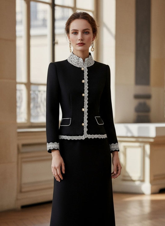 Elegant Pearl Button Blazer With Contrast Lace Trim