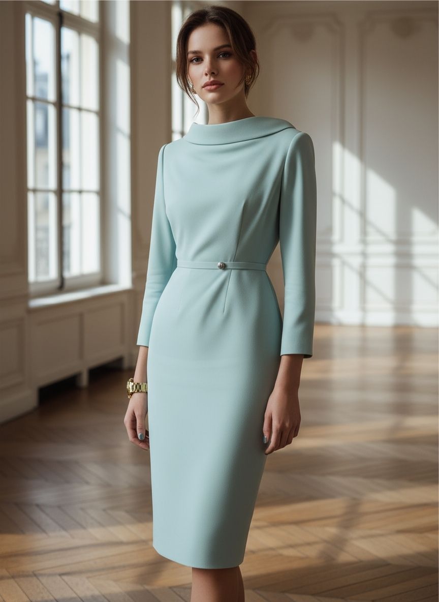 Draped Collar Pencil Midi Dress In Powder Blue