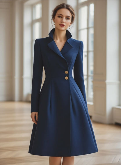 Elegant Navy Blue Tailored Fit Flared Coat Dress