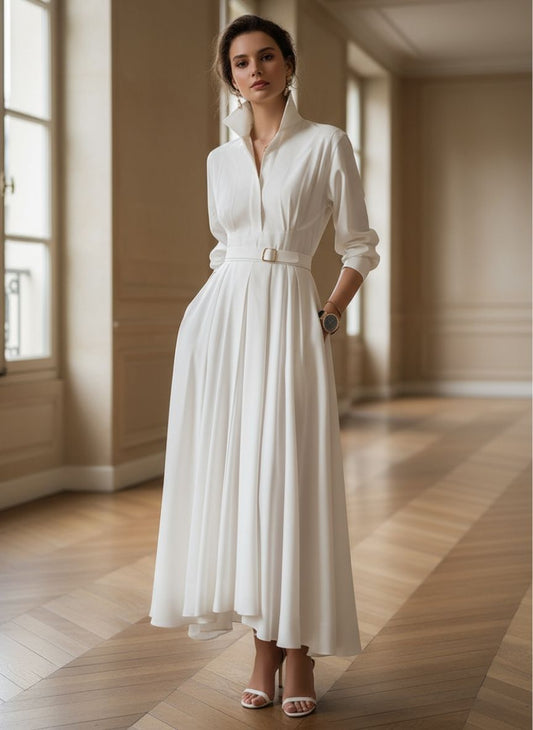 Elegant Plain Belted Shirt Dress With Pleated Skirt