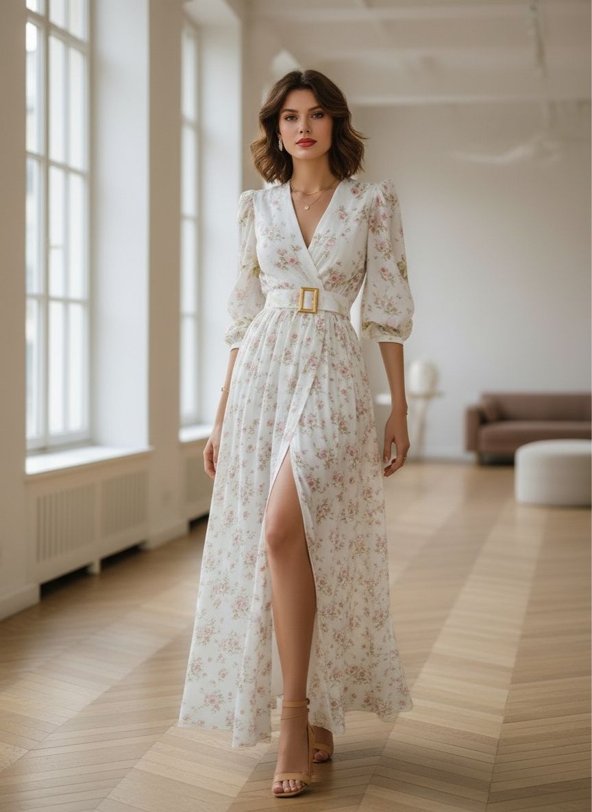 Romantic Floral Chiffon Maxi Dress With Belted Waist
