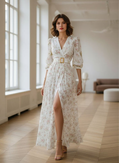 Romantic Floral Chiffon Maxi Dress With Belted Waist