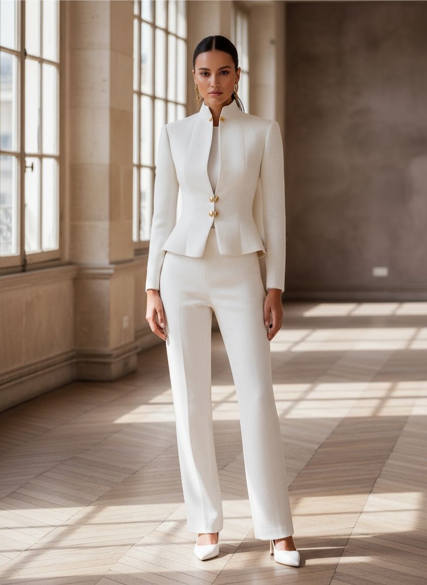 Sculpted Stand Collar Blazer With Gold Buttons