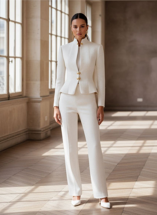 Sculpted Stand Collar Blazer With Gold Buttons