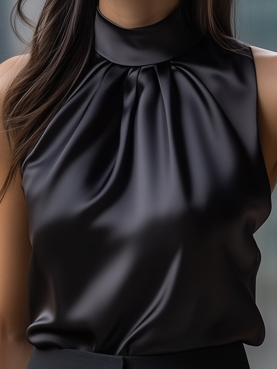 Black Satin High Neck Sleeveless Blouse