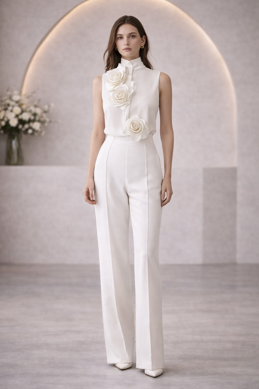 Modern Sleeveless White Blouse with 3D Rose Accents