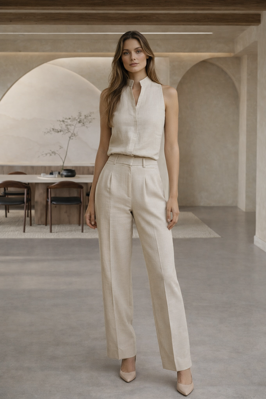 Minimalist High-Collar Sleeveless Linen Blouse