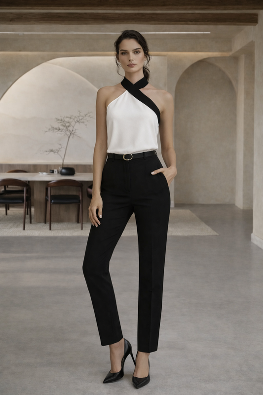 Contrast Trim Asymmetric Halter Neck Sleeveless Blouse